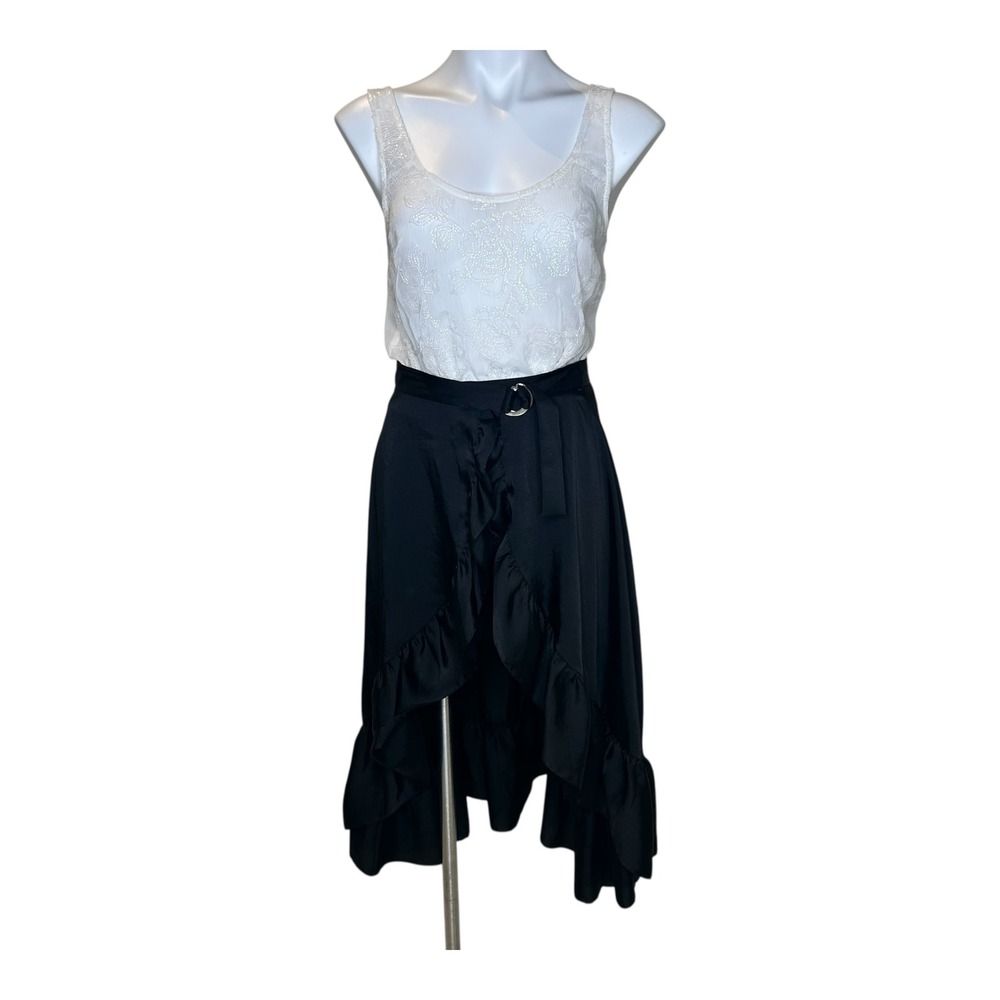 Sandro Black Satin Ruffle Belted Midi Skirt Size 2 - Picture 2 of 11